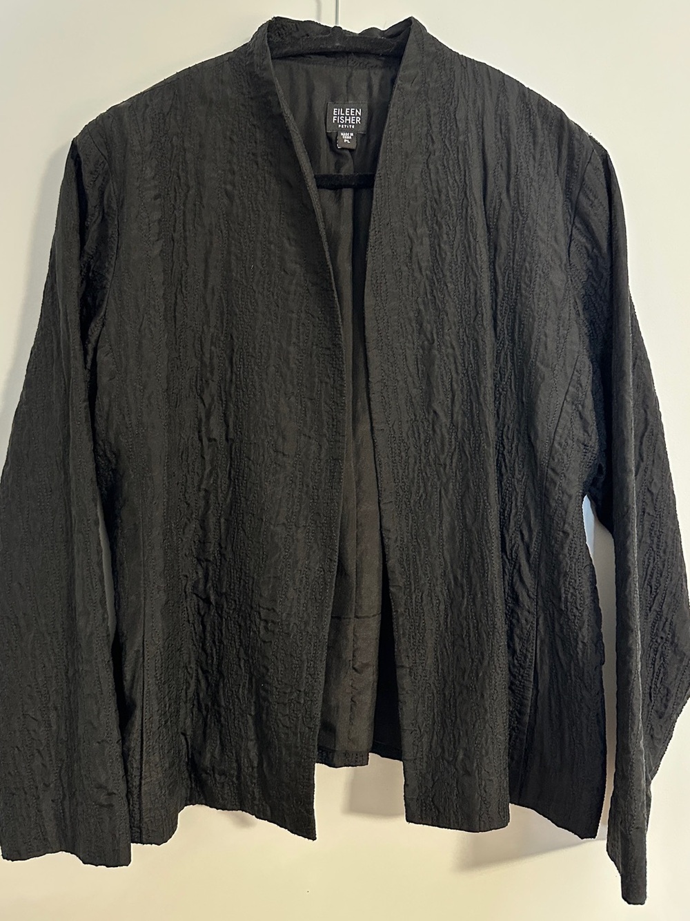 Eileen Fisher Silk Crinkle Textured Open Front Black Jacket Cardigan Sz Petite L